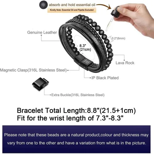 Vista 2 de murtoo - Pulsera de piel con cuentas o abalorios para hombre, cuentas naturales, acero y piel