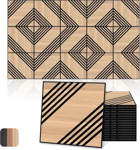Vista 19 de Paneles acústicos, decoración de grano de madera de PVC, azulejos de pared con patrón tallado de 12 x 12 pulgadas, autoadhesivos para reducción