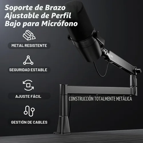 Vista 2 de BASN - Soporte de brazo de micrófono de perfil bajo con abrazadera de escritorio, diseño giratorio y almacenable, canal de gestión de cables