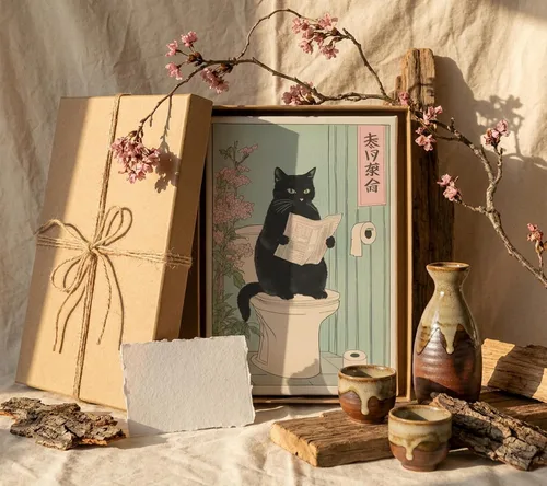 Vista 8 de COYIKC Arte de pared en lienzo de gato negro japonés en el inodoro, impresión divertida de baño, póster de inodoro, cuadros de decoración de pared