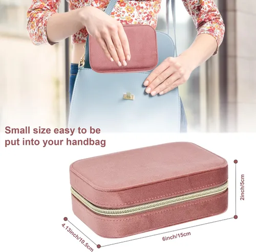 Vista 2 de Dajasan Joyero de terciopelo, pequeño estuche de joyería de viaje, organizador de joyas portátil de viaje para mujeres y niñas (rosa)