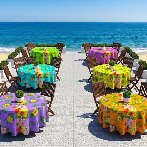 Vista 7 de Oudain Mantel hawaiano de 3 piezas de 84 pulgadas con hojas de palmera tropicales, flores redondas, de plástico, desechable, circular, impermeable