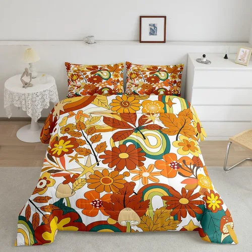 Vista 9 de Juego de ropa de cama con estampado floral bohemio, tamaño individual, diseño retro de flores groovy, 60S y 70S, juego de edredón de flores hippie