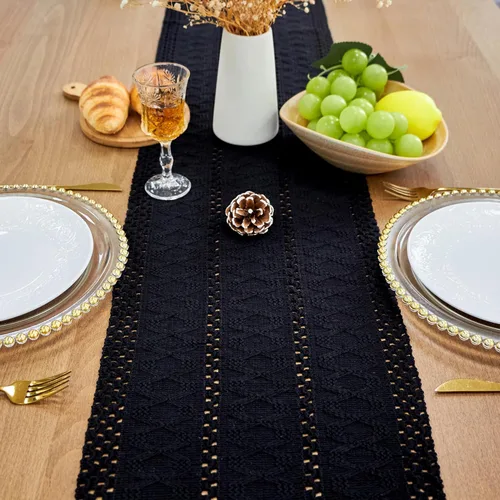 Vista 2 de FEXIA Camino de Mesa Negro con Borlas de 72 Pulgadas Macramé Boho Estilo Granja Camino de Mesa para Decoración de Dormitorio y Comedor