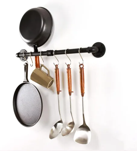 Vista 4 de Estante para ollas de tubería, soporte industrial para tapa de utensilios de cocina, organizador de cocina, barra colgante con ganchos en S