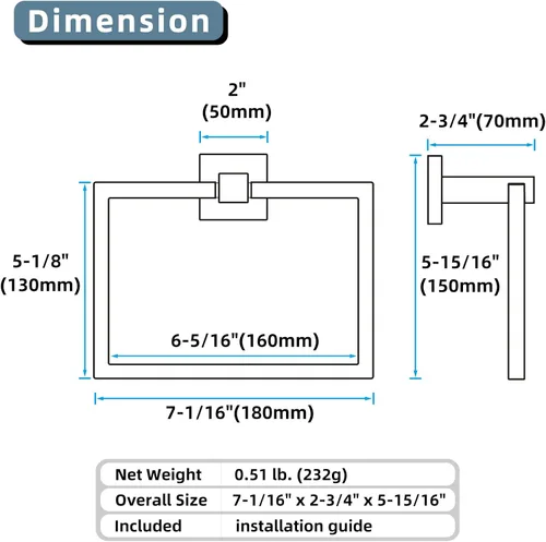 Vista 9 de Angle Simple SUS 304 - Toallero cuadrado de acero inoxidable para pared de baño, 7.09 pulgadas
