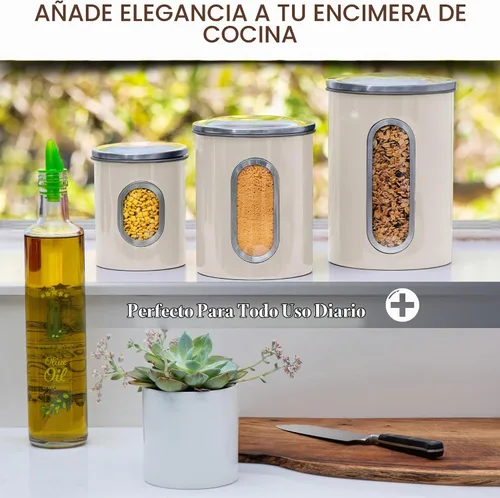 Vista 6 de Moss & Stone Juego de recipientes de 3 piezas beige para la cocina, juego de recipientes herméticos con ventana transparente, tarros