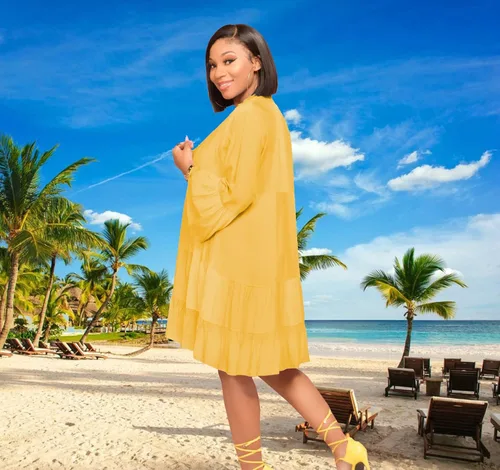 Vista 5 de FairyLove Women's Casual V Neck Dress Long Sleeve Flowy Babydoll Swing Ruffle Dress