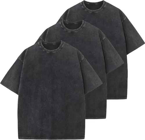 Vista 43 de Camisetas de algodón para hombre, de gran tamaño, unisex, de manga corta, casual, holgada, de lavado, unicolor, básicas A-Negro