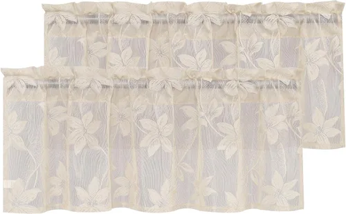 Vista 16 de DWCN Paquete de 2 cortinas traslúcidas pequeñas de encaje floral beige para cocina, cortinas traslúcidas ligeras con bolsillo para barra, cortinas