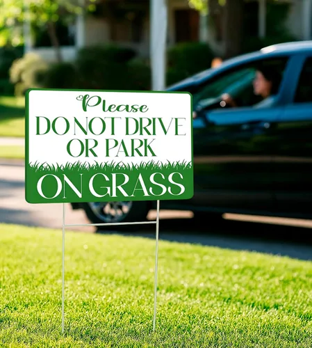 Vista 7 de Letrero de plástico de doble cara de 8 x 12 pulgadas, con texto en inglés «Please Do Not Drive or Park on Grass – No estacionar en el césped