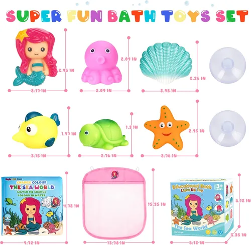 Vista 7 de Juguetes de baño iluminados para niños pequeños, niñas y bebés, juguetes de baño brillantes sin agujeros con libro de baño y organizador, juguetes
