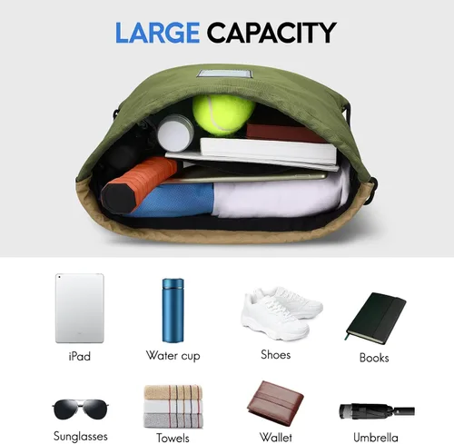 Vista 4 de Haimont Mochila con cordón para hombres y mujeres, bolsa de cuerda deportiva resistente al agua con bolsillo húmedo, viaje de día y natación, caqui