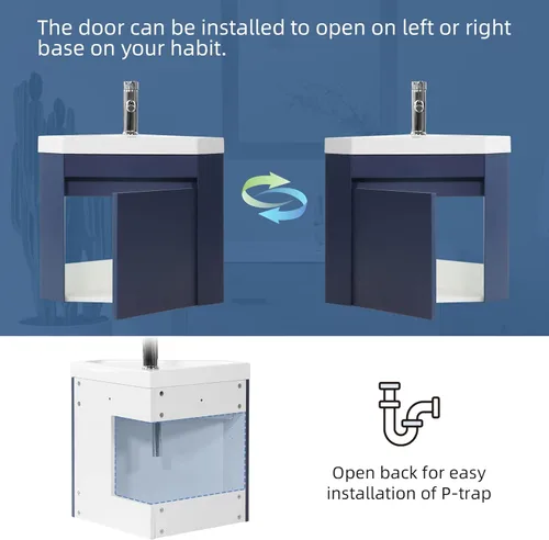 Vista 5 de Juego de tocador de baño de esquina flotante de 22 pulgadas para espacio pequeño montado en la pared, diseño de resina para lavabo, grifo cromado