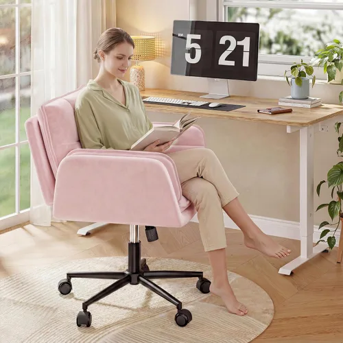 Vista 7 de DurayLoly Silla Criss Cross con ruedas, silla de escritorio rosa con reposabrazos ajustables, silla de tocador con respaldo para dormitorio, sala