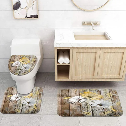 Vista 44 de JAWO Alfombra de baño con flores de granja, dalia en tablones de madera rústica, juego de tapetes de baño con flores azules, en forma de U
