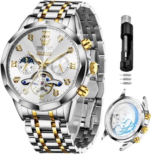 Vista 41 de OLEVS Reloj de pulsera automático con diseño de esqueleto para hombre, de lujo, con diamantes de lujo, de acero inoxidable, calendario, reloj