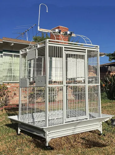 Vista 11 de Escaleras dobles y grandes, abiertas en la parte superior con hierro forjado. Jaula para pájaros, loros, pinzón loro guacamayo cacatúa. Incluyen
