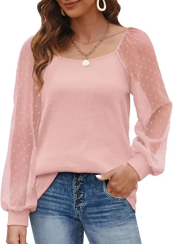 Vista 2 de WIHOLL Blouse Tops for Women Loose Fit Long Sleeve Shirts Square Neck Tops