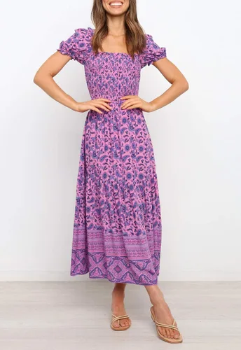 Vista 2 de ZESICA - Vestido de verano largo para mujer, diseño acampanado con cuello cuadrado y volantes, estampado floral y bohemio, para la playa