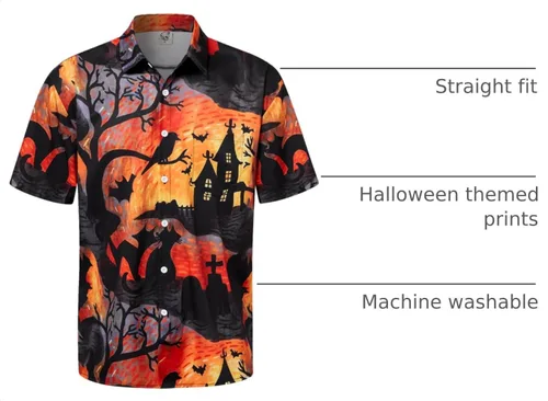Vista 4 de Camisa de Halloween para Hombre de Hardaddy, de Manga Corta, con Botón, con Estampado Gracioso, Camisa Casual Black6