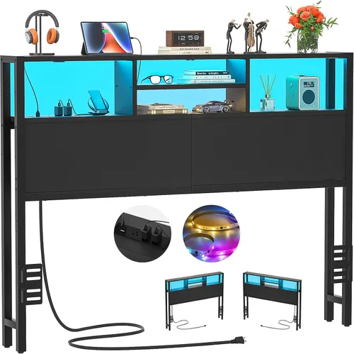Vista 23 de Cabecero Aheaplus para Cama Individual con Almacenamiento, Cabeceros con Enchufes, Puertos USB y Luz LED, Cabecero Individual Solo, Altura