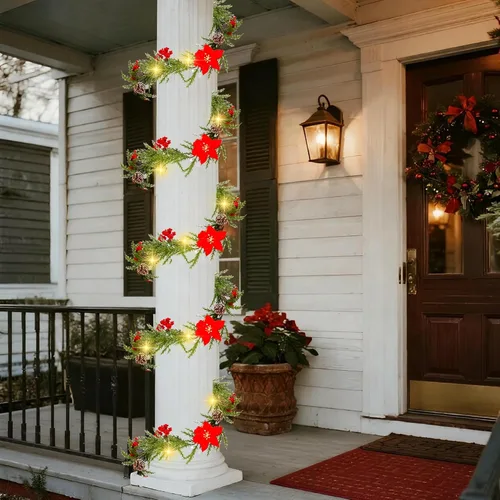 Vista 9 de DR.DUDU Guirnalda de Navidad artificial preiluminada de 6 pies con 20 luces LED, funciona con pilas con piñas, bayas rojas, agujas de pino, corona