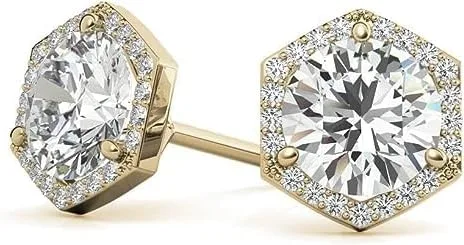 Vista 4 de IGI - Aretes de tuerca de diamantes redondos con halo hexagonal con certificación IGI en oro amarillo blanco de 14 quilates, rosa para mujer