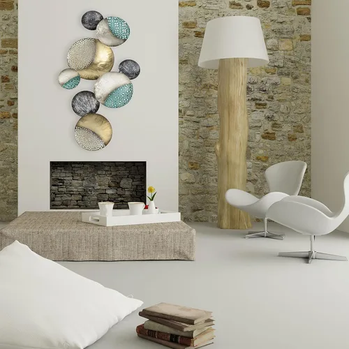 Vista 4 de WHW Whole House Worlds MODERNIST HOME Círculos flotantes, arte abstracto de pared de metal, hecho a mano, dorado dorado, negro, blanco y gris