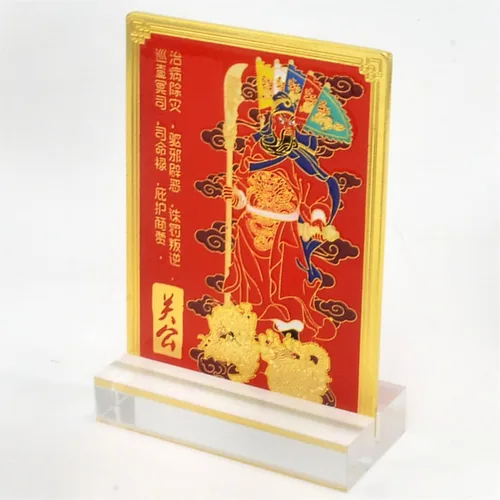 Vista 2 de Feng Shui Magnífico Kwan Kung con 5 banderas placa amuleto estatua
