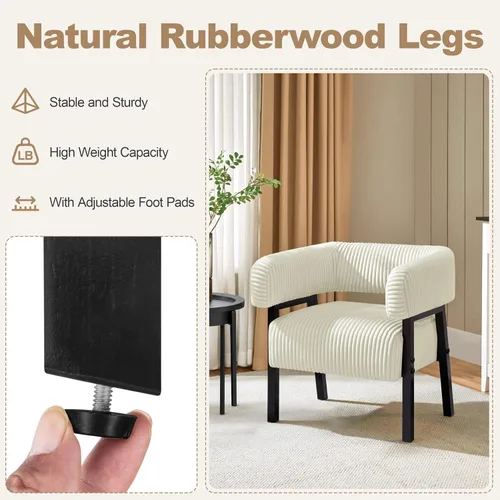 Vista 7 de Yaheetech Silla decorativa de pana con diseño de barril, moderno sillón tapizado con patas de madera maciza, acogedora silla de ocio con asiento