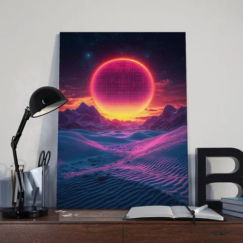 Vista 8 de Synthwave Wall Art Print – Neon Retro Sunset with Minimal Moon, Perfect for Office Or Studio Decor Poster Print Decorative Painting Canvas Wall Art
