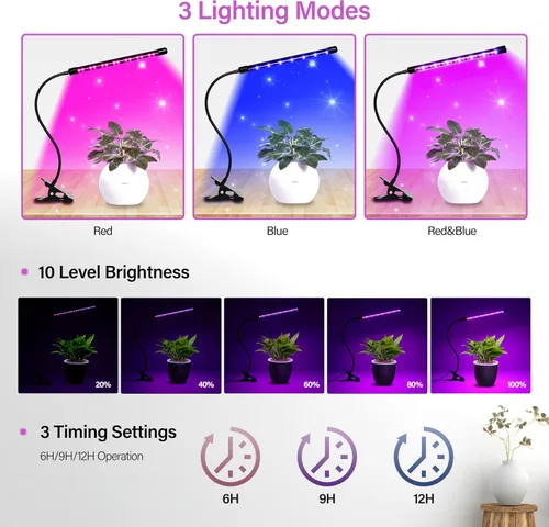 Vista 3 de iPower 21 Luz LED de Crecimiento con Espectro Completo para Plantas de Interior, Cuello de Cisne Ajustable, 3 Modos de Luz y 10 Niveles Regulables