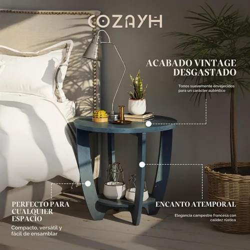 Vista 4 de COZAYH Mesa auxiliar rústica de granja con estante de almacenamiento, mesa lateral redonda moderna de estilo campestre francés para espacios Azul