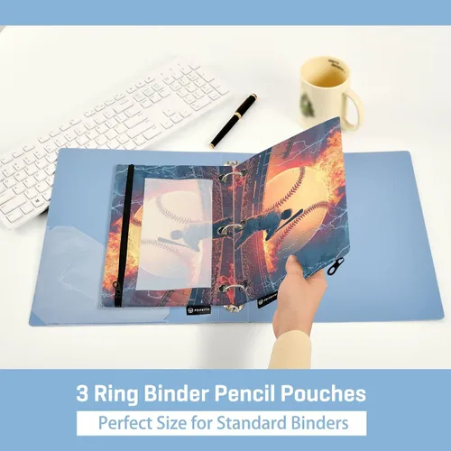 Vista 5 de Binder Pouches Baseball Fire Pencil Pouch for 3 Ring Binder 2 Pack Clear Pencil Bag with Zipper for Office School Supplies