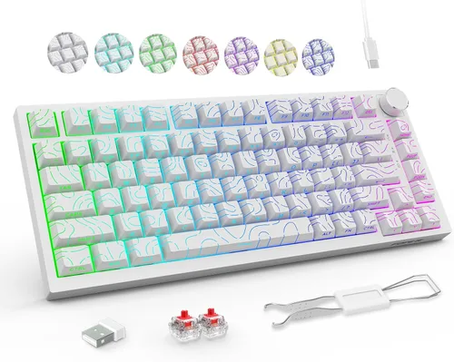 Vista 7 de FOPETT Teclado mecánico inalámbrico recargable retroiluminación ajustable tres modos con cable /2.4G/Bluetooth grabado lateral