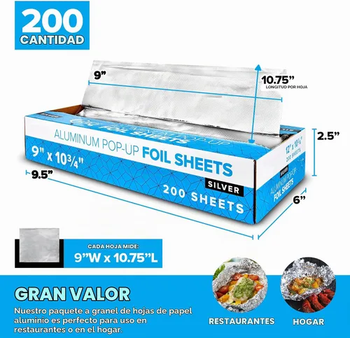 Vista 2 de 200 hojas de papel de aluminio precortadas para delicatessen - Hojas emergentes de 9 pulgadas para restaurante, cubiertas desechables para alimentos