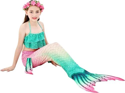 Vista 4 de Colas de sirena para nadar para niñas, 5 piezas, conjunto de traje de baño de bikini de 4 a 13 años