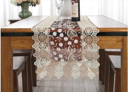 Vista 3 de Camino de mesa con bordado floral de encaje, bufanda rectangular transparente de poliéster para decoración de mesa del hogar, comedor, 16 x 35 Beige