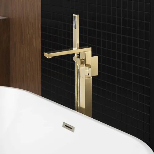 Vista 3 de WOODBRIDGE F0008BG - Grifo de llenado de bañera independiente de una sola manija contemporánea con ducha de mano en acabado dorado cepillado