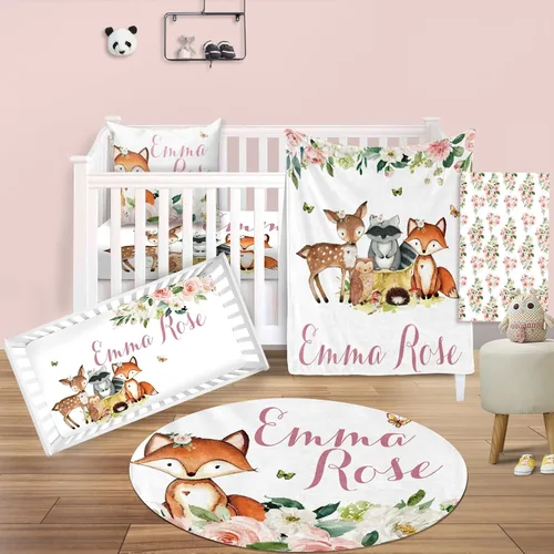 Vista 26 de Juego de ropa de cama de bebé personalizado, ropa de cama de elefante rosa para bebé, manta de bebé, sábana bajera ajustable, funda cambiadora