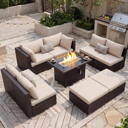 Vista 109 de NICESOUL Juego de muebles de patio de ratán extra grande con mesa para fogata de gas y propano, 29.3 pulgadas, respaldo alto, cómodos conversaciones