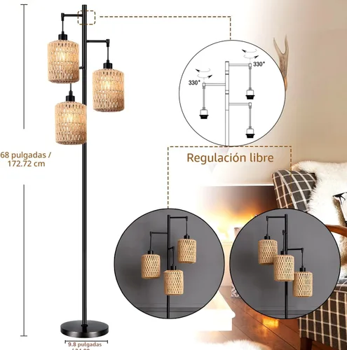 Vista 4 de QIYIZM - Lámpara de pie con diseño de árbol de 3 bombillas; alta, rústica, estilo rural, industrial y boho, pantalla de mimbre y bambú; para sala
