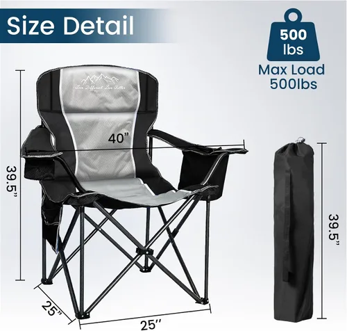 Vista 3 de Sillas de campamento para adultos de alta resistencia de 500 libras de capacidad, silla plegable de respaldo alto con marco de acero grueso, silla