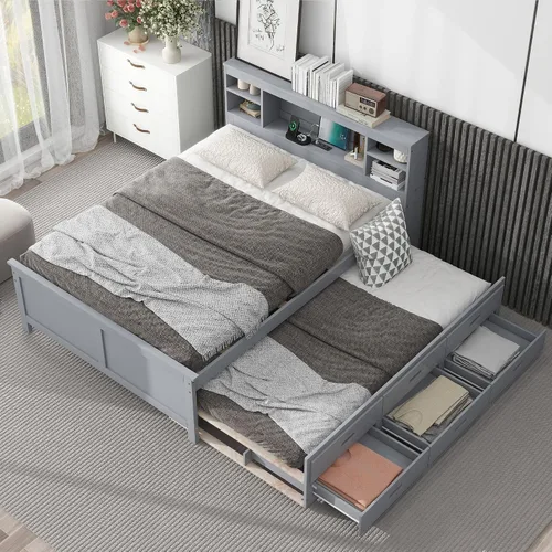 Vista 8 de Merax Cama de plataforma de tamaño individual con cabecera de almacenamiento, USB, base de cama de madera con nido de tamaño individual y 3 cajones