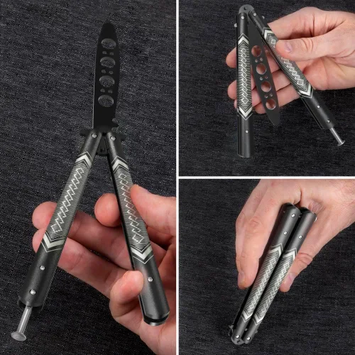Vista 6 de GOOD WORKER Entrenador de Mariposa - Práctica Balisong Cuchillos de Mariposa NO Reales NO Hoja Afilada - Diseño Genial - Mariposa Negra Sin Brillo