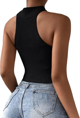 Vista 2 de SweatyRocks Camiseta sin mangas casual con cuello halter cruzado para mujer, de punto acanalado