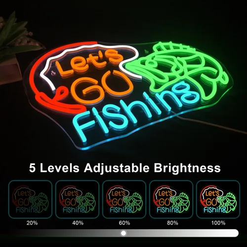 Vista 3 de Lucunstar Letrero de neón "Vamos a Pescar" Luz de neón de pez regulable para decoración de pared LED alimentado por USB Luces de anzuelo de pesca