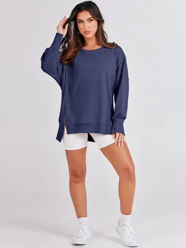 Vista 7 de ANRABESS Sudadera de gran tamaño para mujer, cuello redondo, manga larga, casual, con abertura, sin botones, ropa de otoño