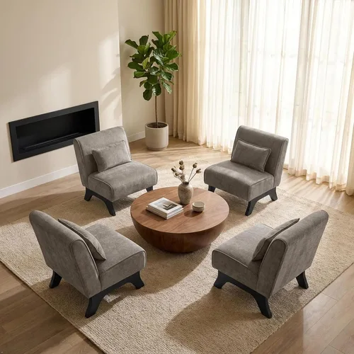 Vista 24 de Silla de acento tapizada sin brazos, sillas modernas y cómodas para sala de estar con patas de madera y almohadas, sofá cama lateral para dormitorio